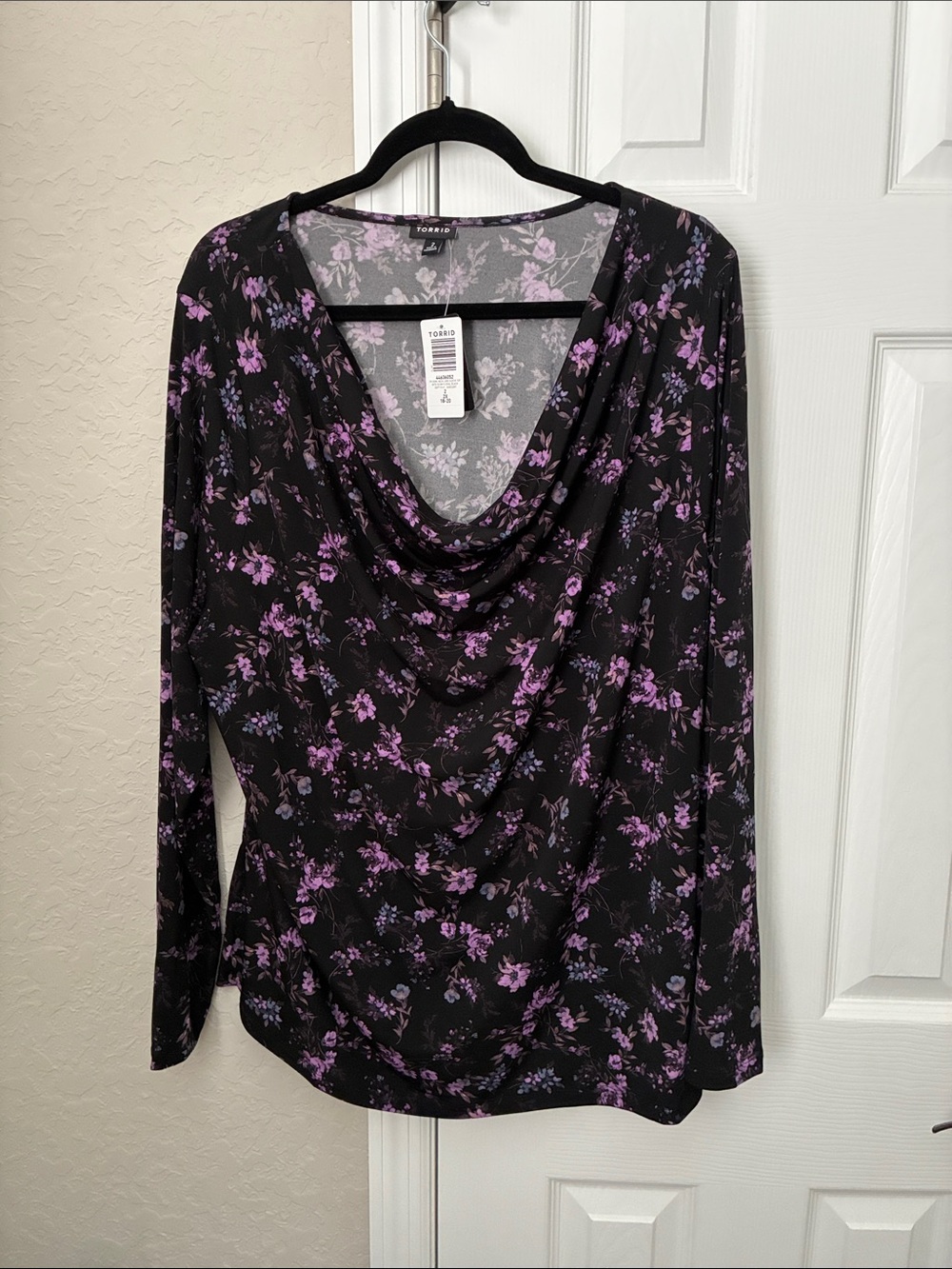 torrid Black Long Sleeve Cowl Neck Top with Purple Floral Print